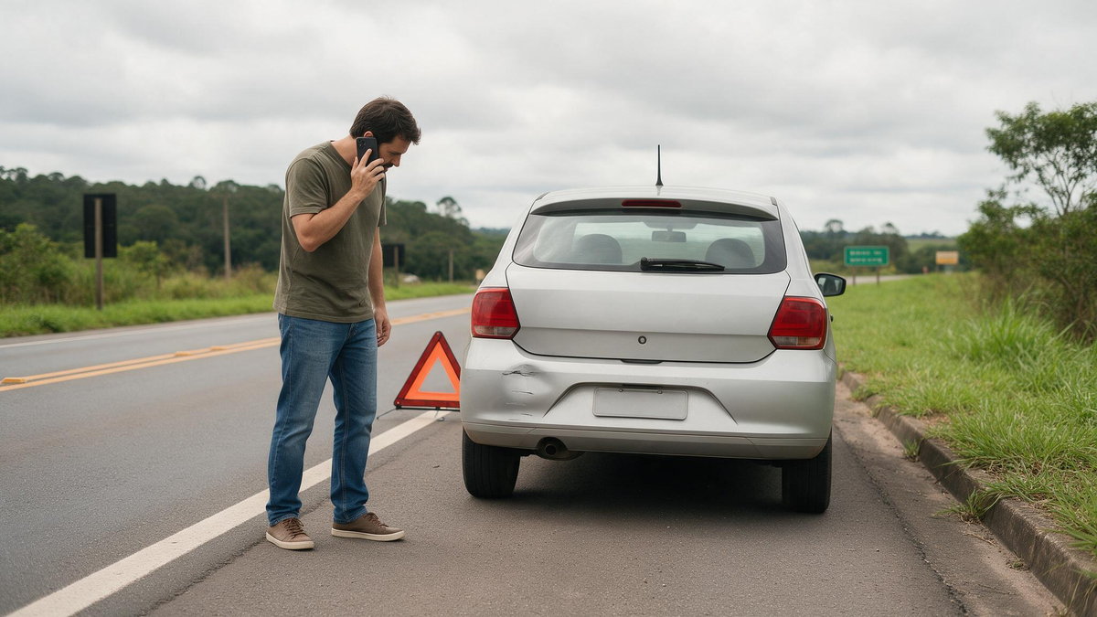 Homem ao telefone no acostamento, ao lado do carro com o triângulo de sinalização posicionado