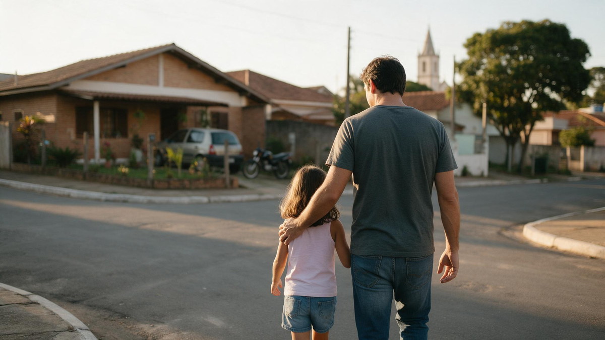 Pai e filha caminhando juntos por uma rua residencial no fim da tarde